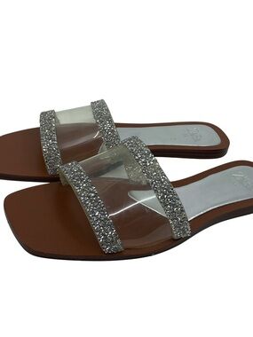 Zara Clear Double-Strap Slide Sandals with Silver Crystal Trim